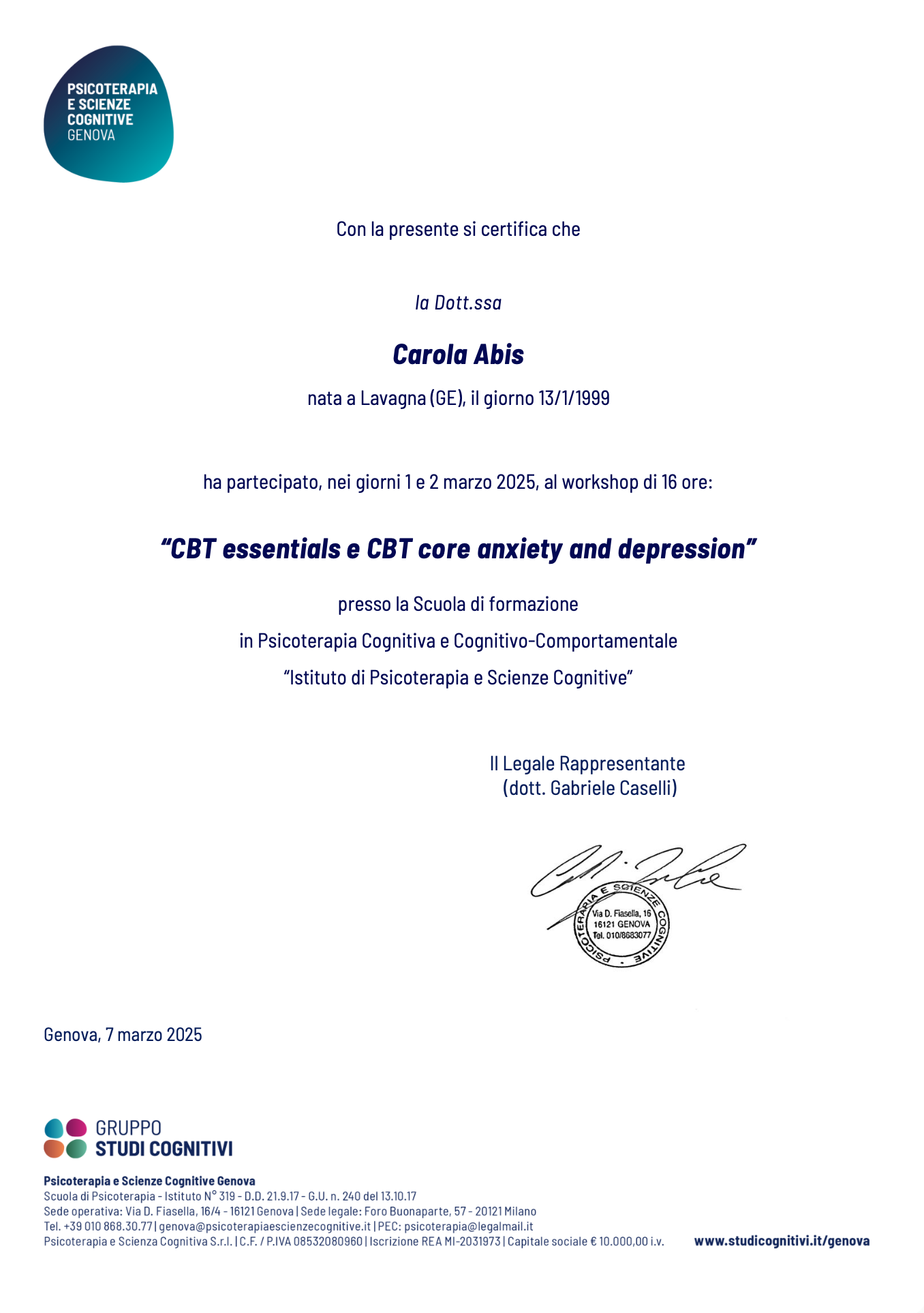 CBT essentials e CBT per ansia e depressione — attestato di Carola Abis